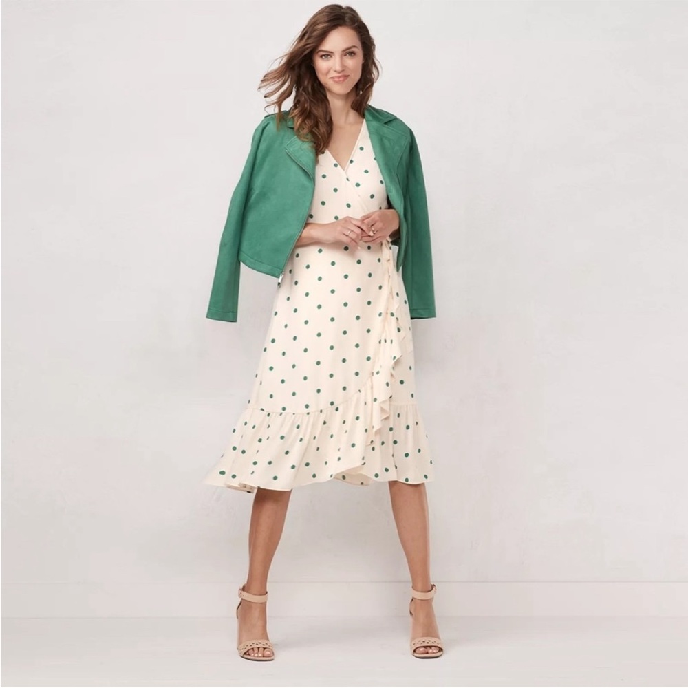 LC Lauren Conrad Cream Midi Dress with Green Polka Dots